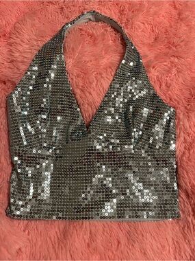 Blue Sequin Halter Crop Top